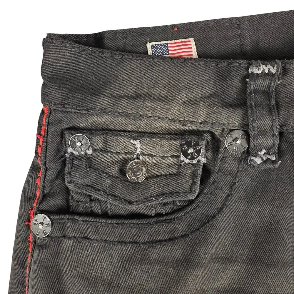 True Religion Ricky Super T Jeans 36x32 Wounded Fox Black Red Stitch USA